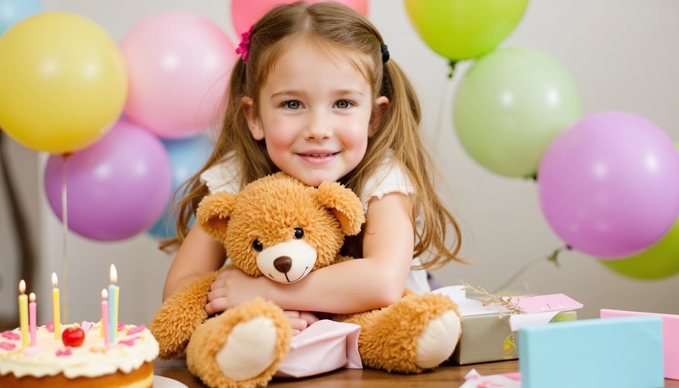 Ein lächelndes zweijähriges Mädchen mit blonden Locken, das einen Teddybär umarmt und von bunten Luftballons und Geschenken umgeben ist. Im Hintergrund sieht man einen Geburtstagskuchen mit zwei Kerzen.