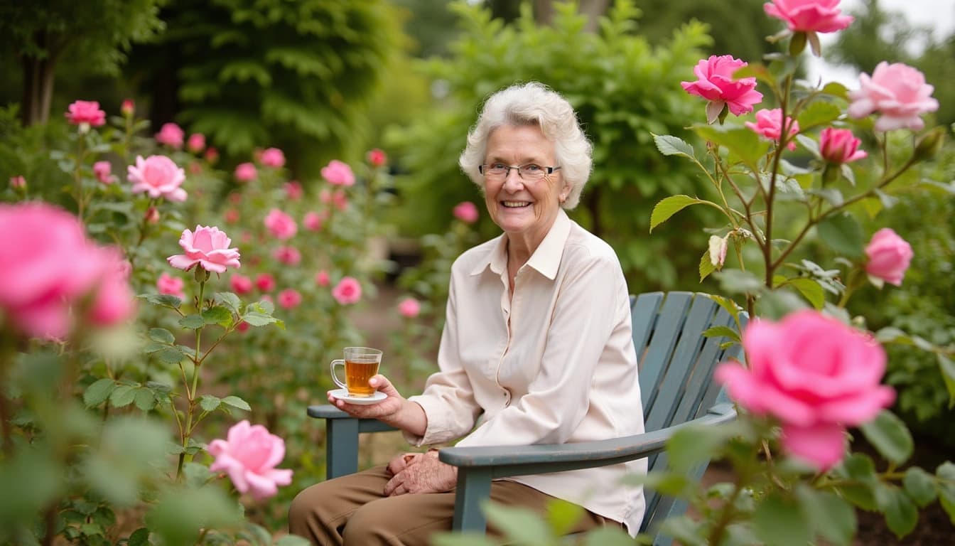 Eine lächelnde ältere Dame namens Erna sitzt in einem blühenden Garten voller Rosen. Sie hält eine Tasse Tee in der Hand, während im Hintergrund ihre Familie ein Geburtstagspicknick vorbereitet.