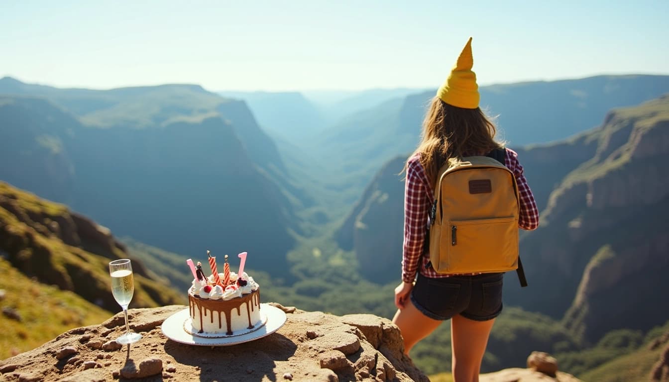 A vibrant woman with a backpack, standing on a cliff overlooking a scenic landscape, with a birthday cake and champagne glass nearby