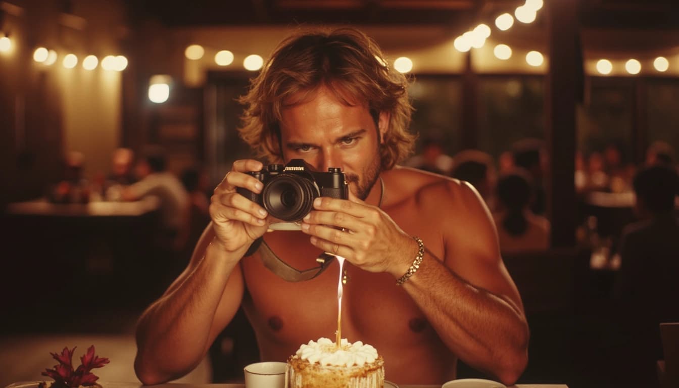 Um homem de 55 anos com cabelos grisalhos e um sorriso caloroso, segurando uma câmera fotográfica, rodeado por fotos de suas viagens e amigos sorridentes em uma festa de aniversário.